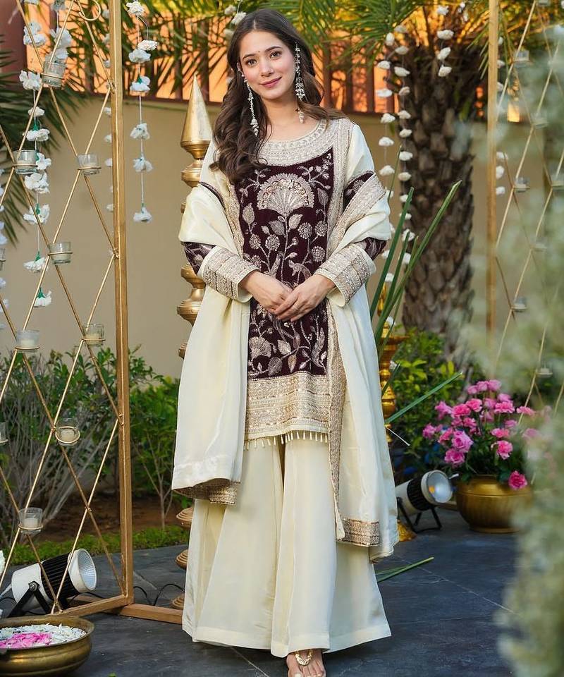 Organza Maroon & cream contrast palazzo set