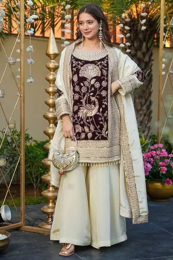 Organza Maroon & cream contrast palazzo set