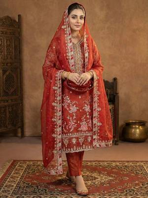 Rust orange embroidered ethnic suit 1
