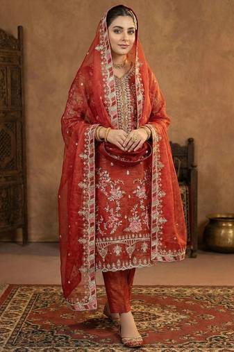 Rust orange embroidered ethnic suit