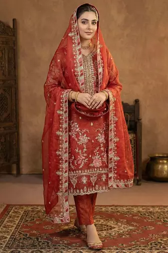 Rust orange embroidered ethnic suit