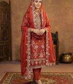 Rust orange silk embroidered suit