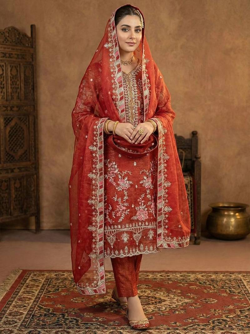 Rust orange silk embroidered suit