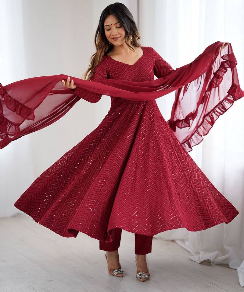 Maroon georgette sequin work anarkali