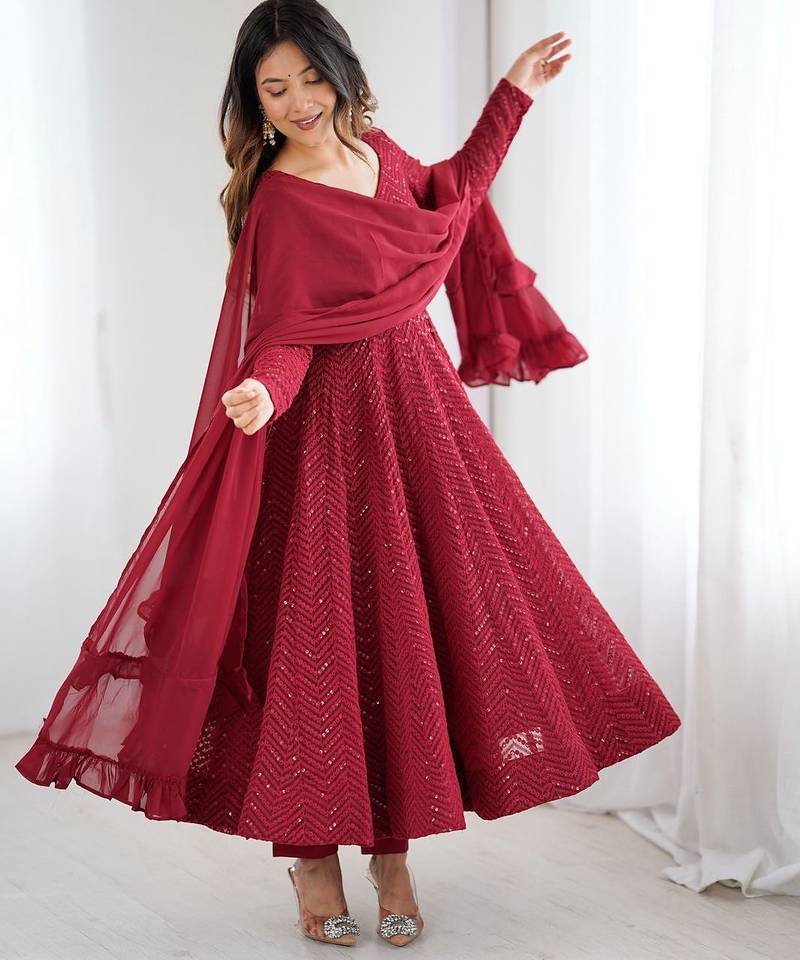 Maroon georgette sequin work anarkali