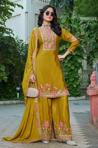 Mustard chinon free size stitched plazzo suit with codding dori & sequence work