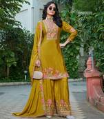 Mustard chinon free size stitched plazzo suit with codding dori & sequence work