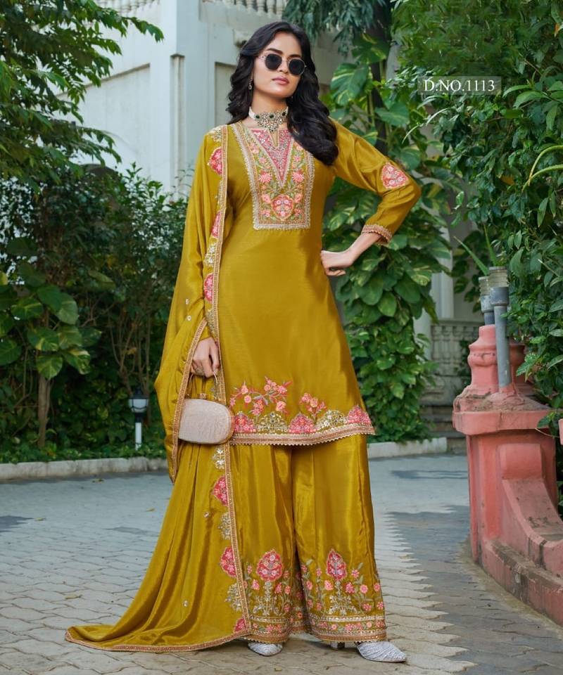 Mustard chinon free size stitched plazzo suit with codding dori & sequence work