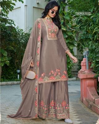 Chiku chinon free size stitched plazzo suit with codding dori & sequin  1