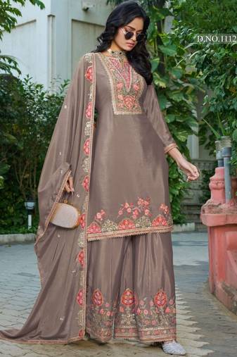 Chiku chinon free size stitched plazzo suit with codding dori & sequence work