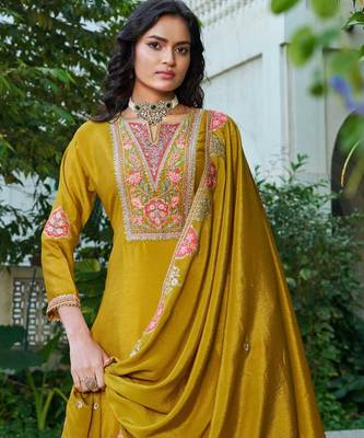 Mustard chinon free size stitched plazzo suit with codding dori & sequin  2