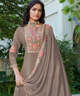 Chiku chinon free size stitched plazzo suit with codding dori & sequin  2