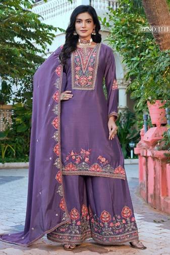 Purple chinon free size stitched plazzo suit with codding dori & sequence work