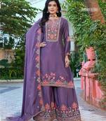 Purple chinon free size stitched plazzo suit with codding dori & sequence work
