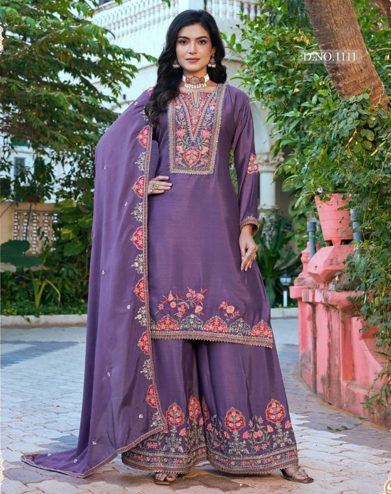 Purple chinon free size stitched plazzo suit with codding dori & sequence work