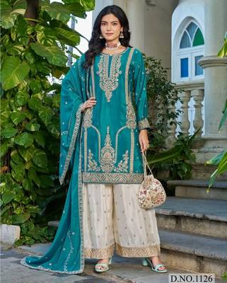 Blue chinon free size stitched plazzo suit with codding dori & sequin  1