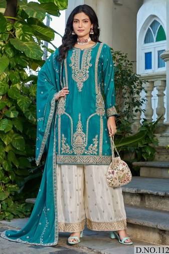 Blue chinon free size stitched plazzo suit with codding dori & sequence work