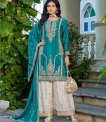 Blue chinon free size stitched plazzo suit with codding dori & sequence work