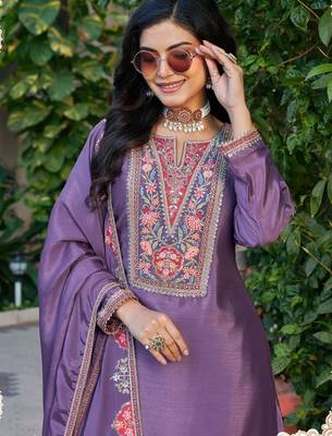 Purple chinon free size stitched plazzo suit with codding dori & sequin  2