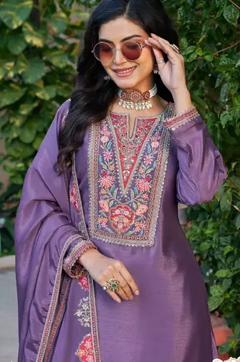 Purple chinon free size stitched plazzo suit with codding dori & sequin 