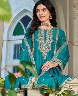 Blue chinon free size stitched plazzo suit with codding dori & sequin  2
