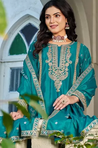 Blue chinon free size stitched plazzo suit with codding dori & sequin 