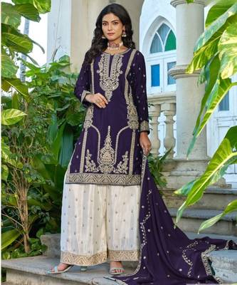 Violet chinon free size stitched plazzo suit with codding dori & sequin  1