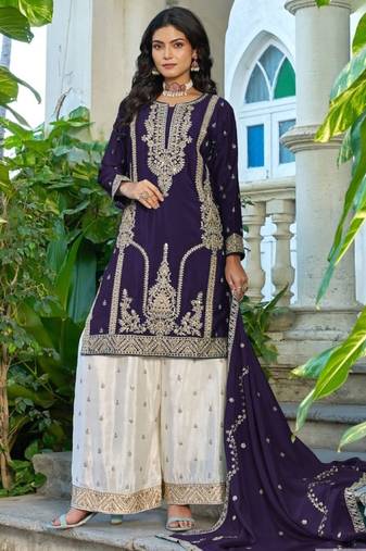 Violet chinon free size stitched plazzo suit with codding dori & sequence work