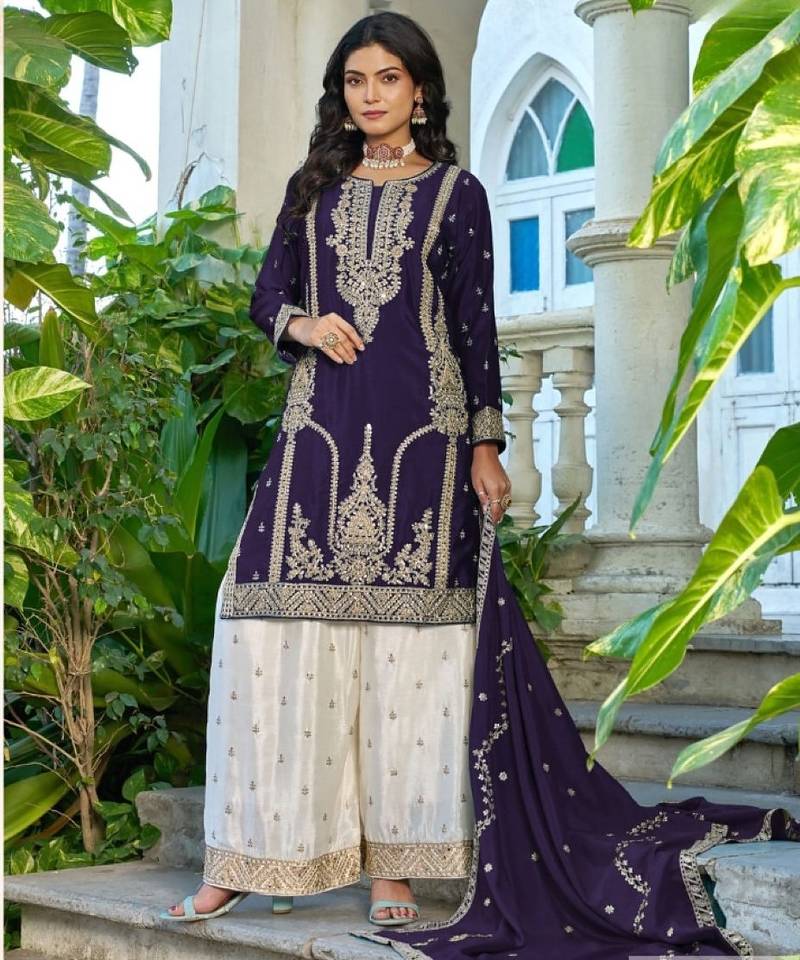 Violet chinon free size stitched plazzo suit with codding dori & sequence work