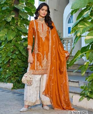 Orange chinon free size stitched plazzo suit with codding dori & sequin  1