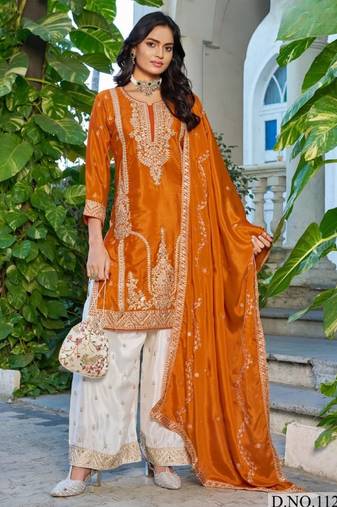 Orange chinon free size stitched plazzo suit with codding dori & sequence work