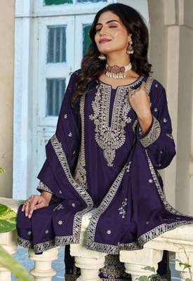 Violet chinon free size stitched plazzo suit with codding dori & sequin  2