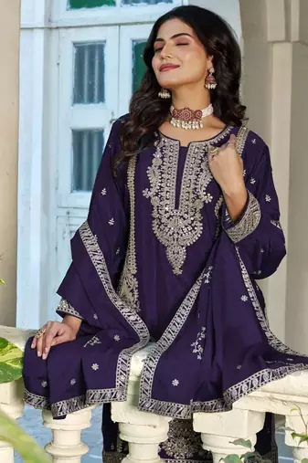 Violet chinon free size stitched plazzo suit with codding dori & sequin 