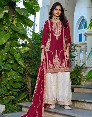 Maroon chinon free size stitched plazzo suit with codding dori & sequin  1