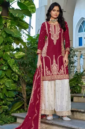 Maroon chinon free size stitched plazzo suit with codding dori & sequence work