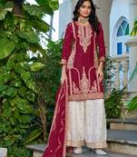 Maroon chinon free size stitched plazzo suit with codding dori & sequence work