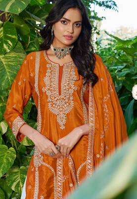 Orange chinon free size stitched plazzo suit with codding dori & sequin  2