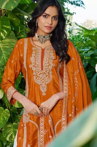 Orange chinon free size stitched plazzo suit with codding dori & sequin 