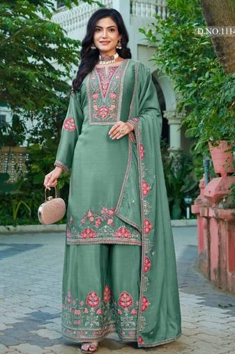 Sea green chinon free size stitched plazzo suit with codding dori & sequence work
