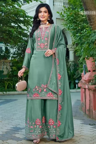 Sea green chinon free size stitched plazzo suit with codding dori & sequence work