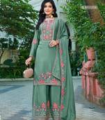 Sea green chinon free size stitched plazzo suit with codding dori & sequence work