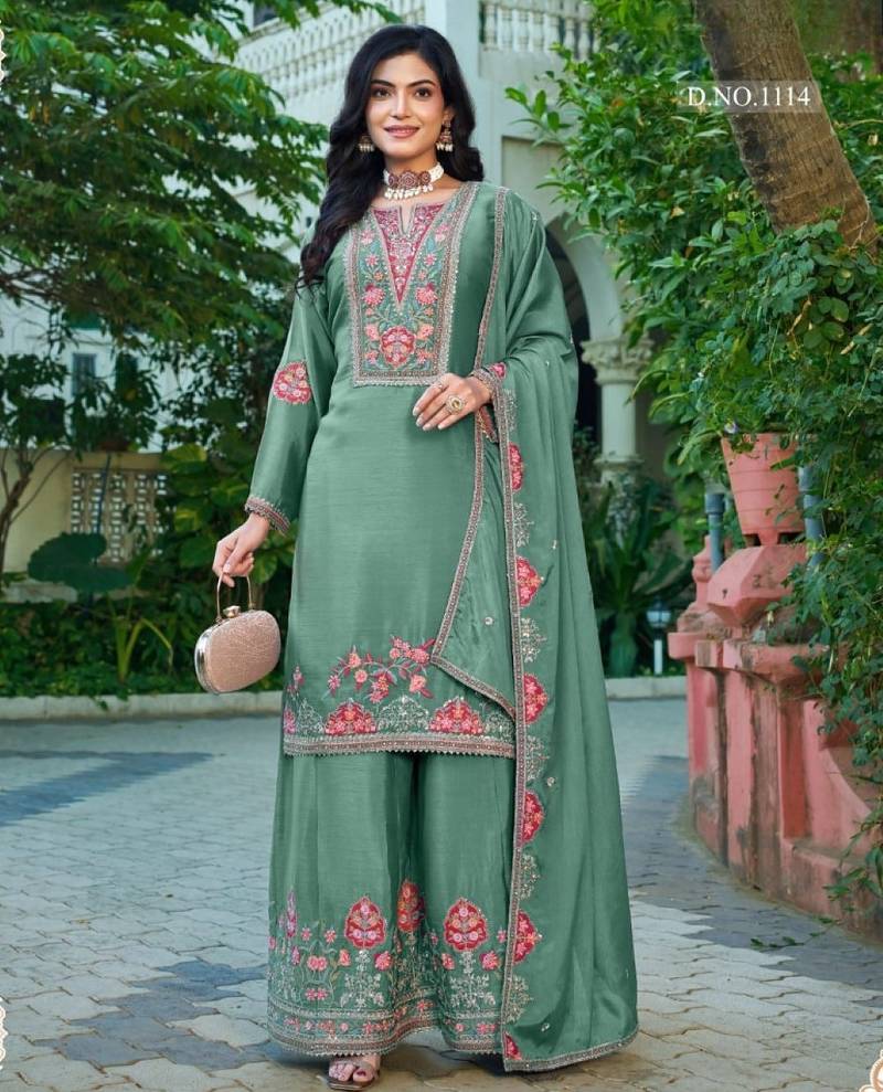 Sea green chinon free size stitched plazzo suit with codding dori & sequence work