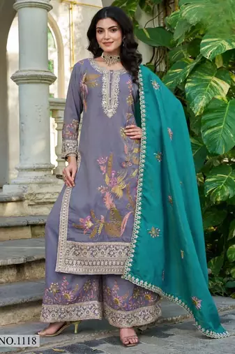 Grey shimmer free size stitched plazzo suit with codding dori & sequence work