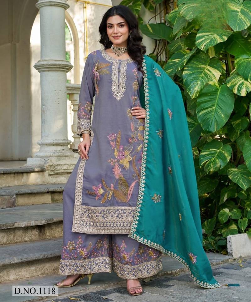 Grey shimmer free size stitched plazzo suit with codding dori & sequence work