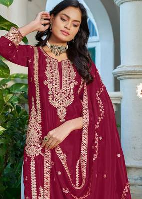 Maroon chinon free size stitched plazzo suit with codding dori & sequin  2