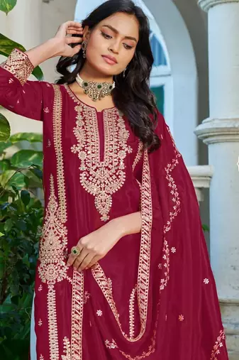 Maroon chinon free size stitched plazzo suit with codding dori & sequin 