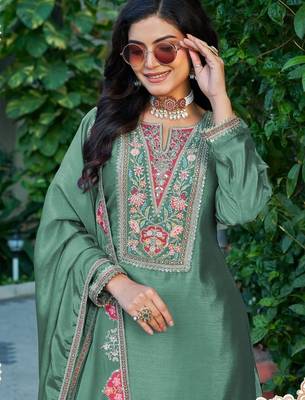 Sea green chinon free size stitched plazzo suit with codding dori & sequin  2