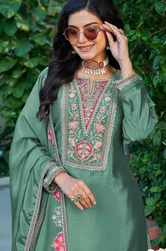 Sea green chinon free size stitched plazzo suit with codding dori & sequin 