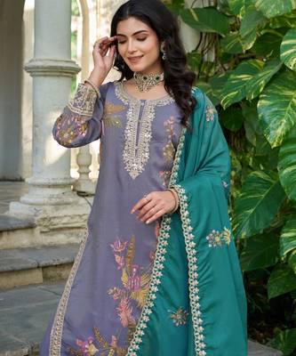 Grey shimmer free size stitched plazzo suit with codding dori & sequin  2