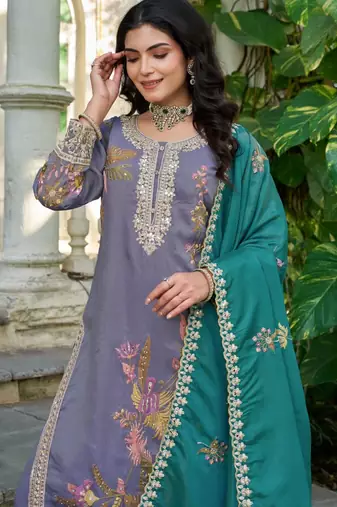 Grey shimmer free size stitched plazzo suit with codding dori & sequin 